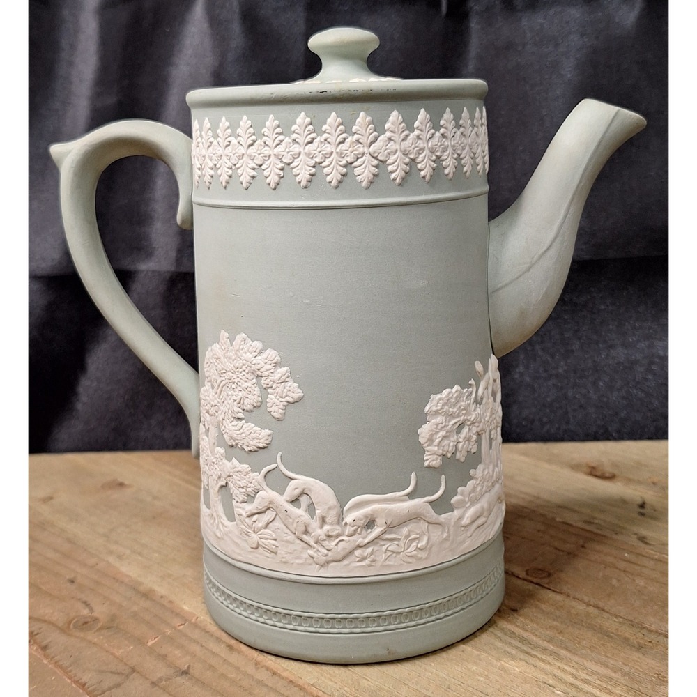 Wedgwood Sage Green Jasperware Coffee Pot White Bas-Relief Hunt Scene Stoneware